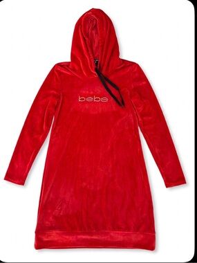 Bebe Red Velour Hooded Dress Mini Y2K Rhinestone Logo Long Sleeve